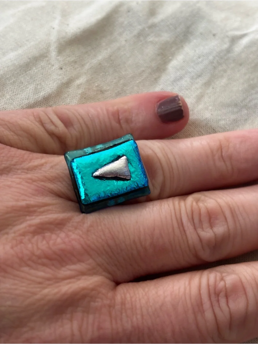 Handmade Dichroic Fused Glass Statement Ring Blue Turquoise Adjustable Artisan R